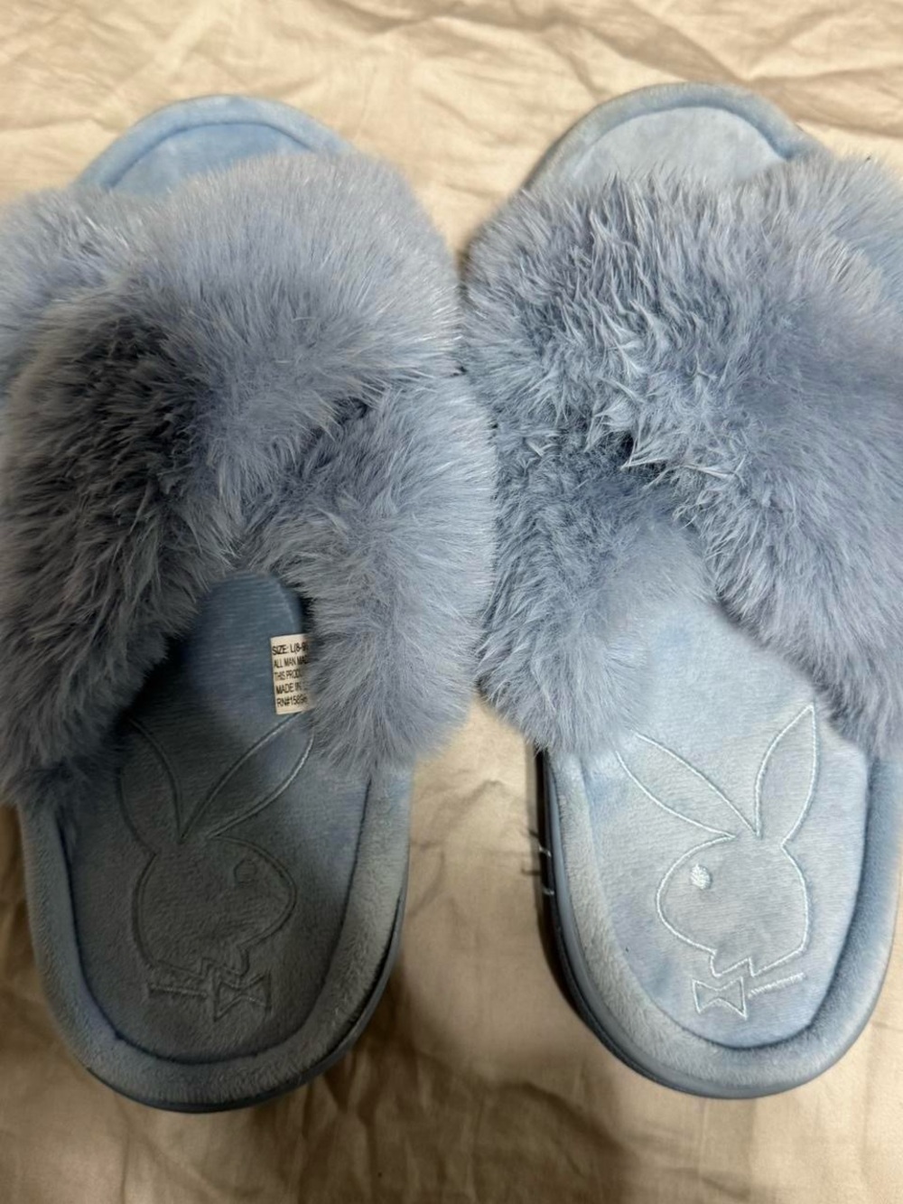 PLAYBOY Powder Blue Faux Fur Slide Slippers for Women